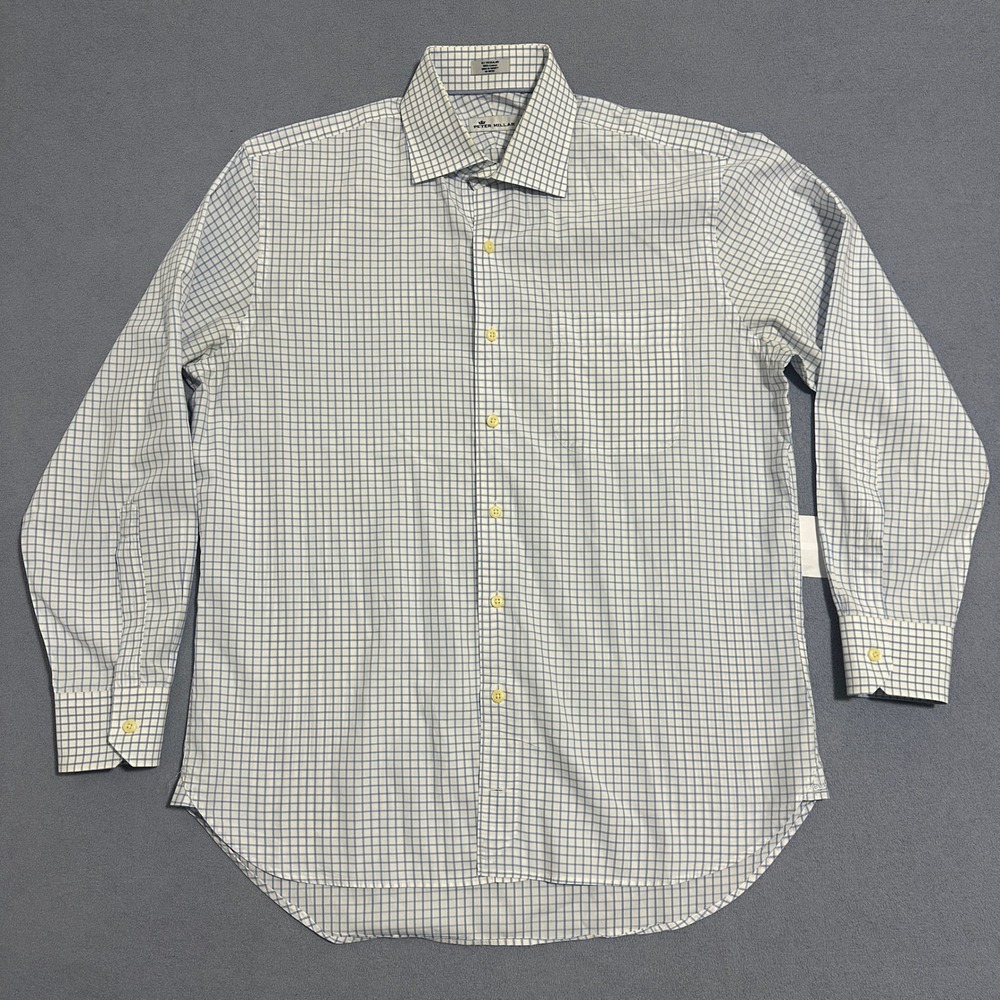Peter Millar Gingham Button-Up Dress Shirt Long Sleeve Blue White Mens Size 16